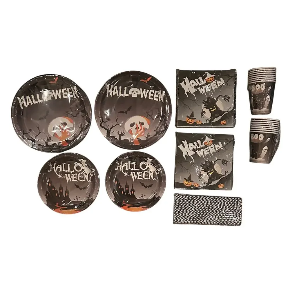 113PCS Halloween Party Supplies Disposable Paper Plates, Cups, Napkins, & Straws